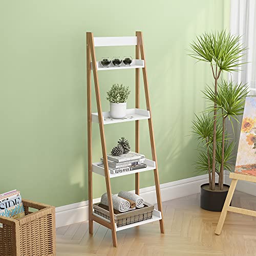 Ladder Shelf, Plant Shelf, Display Shelf, Storage Shelf, Living Room Decor and Accessories, Bamboo Bookshelf, 4 Tier Shelf for Living Room, Bedroom, Kitchen, Rust Resistance, Easy Assembly, White