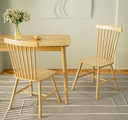 IKIFLY Solid Wood Dining Chairs Set of 2, Mid Century Modern Wooden Dining Room Chairs, Windsor Chairs Rubberwood Side Chairs for Kitchen, Dining Room - Natural