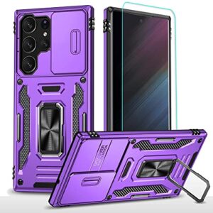 samsung s23 ultra case, galaxy s23 ultra case, with hd screen protector, military-grade metal ring holder kickstand 15ft drop tested shockproof cover case for samsung galaxy s23 ultra purple