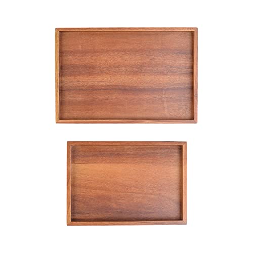 Hiermi Wooden Rectangular Serving Tray, 2 Piece Set of Acacia Wood Plate, Tea/Drink Platter, Dinner Serving Tray, Size_12" x 8" x 1”, 9"x 6.2" x 1”