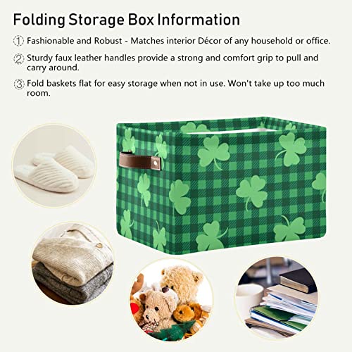 Patricks Day Clover Storage Basket Green Shamrock Plaid Tartan Storage Organizer Box Bin Large Collapsible Cube Baskets with PU Handles for Shelf Closet Nursery Laundry 1 Pack