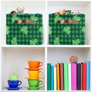 Patricks Day Clover Storage Basket Green Shamrock Plaid Tartan Storage Organizer Box Bin Large Collapsible Cube Baskets with PU Handles for Shelf Closet Nursery Laundry 1 Pack