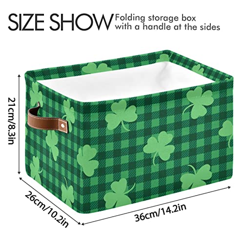 Patricks Day Clover Storage Basket Green Shamrock Plaid Tartan Storage Organizer Box Bin Large Collapsible Cube Baskets with PU Handles for Shelf Closet Nursery Laundry 1 Pack