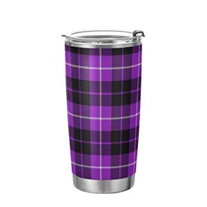 20oz tumbler bottle with lid and straw purple black tartan plaid insulated coffee ice cup vacuum stainless steel shaker bottle travel mug water cup gifts