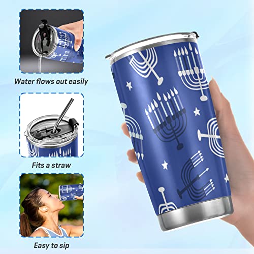 20oz Tumbler Bottle with Lid and Straw Hanukkah Blue Candle Insulated Coffee Ice Cup Vacuum Stainless Steel Shaker Bottle Travel Mug Water Cup Gifts