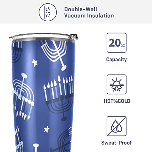 20oz Tumbler Bottle with Lid and Straw Hanukkah Blue Candle Insulated Coffee Ice Cup Vacuum Stainless Steel Shaker Bottle Travel Mug Water Cup Gifts