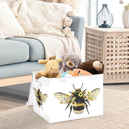 DOMIKING Bee Large Storage Bin with Lid Collapsible Shelf Baskets Box with Handles Organizing Container for Nursery Drawer Shelves Cabinet