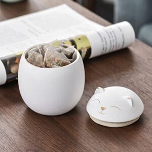 Cabilock Ceramic Tea Jar Kitchen Storage Jar Cartoon Cat Sealed Canister Mini Food Storage Container for Loose Tea Coffee Bean Sugar Salt 160ML (White)