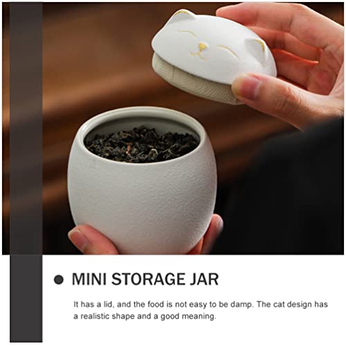 Cabilock Ceramic Tea Jar Kitchen Storage Jar Cartoon Cat Sealed Canister Mini Food Storage Container for Loose Tea Coffee Bean Sugar Salt 160ML (White)