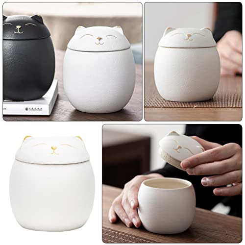 Cabilock Ceramic Tea Jar Kitchen Storage Jar Cartoon Cat Sealed Canister Mini Food Storage Container for Loose Tea Coffee Bean Sugar Salt 160ML (White)