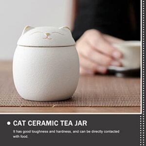 Cabilock Ceramic Tea Jar Kitchen Storage Jar Cartoon Cat Sealed Canister Mini Food Storage Container for Loose Tea Coffee Bean Sugar Salt 160ML (White)