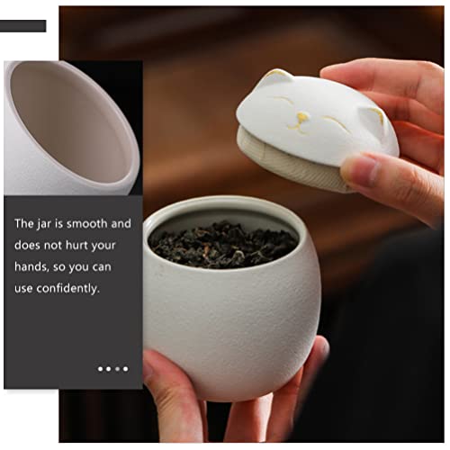 Cabilock Ceramic Tea Jar Kitchen Storage Jar Cartoon Cat Sealed Canister Mini Food Storage Container for Loose Tea Coffee Bean Sugar Salt 160ML (White)