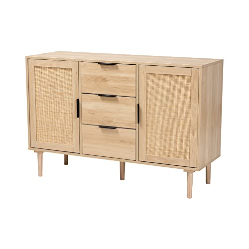 Baxton Studio Harrison Natural Brown Wood and Natural Rattan 3-Drawer Sideboard