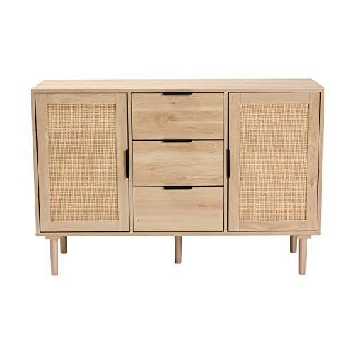 Baxton Studio Harrison Natural Brown Wood and Natural Rattan 3-Drawer Sideboard