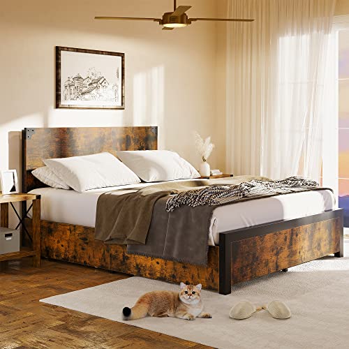 Alkmaar Queen Bed Frame with Storage, Queen Size Bed Frame with 4 Drawers and Headboard, Rustic Vintage Wood and Metal Bed Frame with Large Storage, Noise Free, No Box Spring Needed