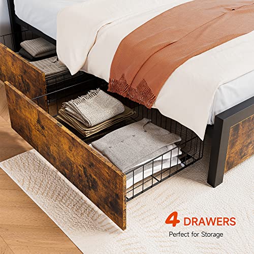 Alkmaar Queen Bed Frame with Storage, Queen Size Bed Frame with 4 Drawers and Headboard, Rustic Vintage Wood and Metal Bed Frame with Large Storage, Noise Free, No Box Spring Needed