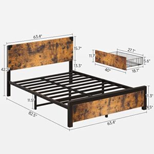 Alkmaar Queen Bed Frame with Storage, Queen Size Bed Frame with 4 Drawers and Headboard, Rustic Vintage Wood and Metal Bed Frame with Large Storage, Noise Free, No Box Spring Needed