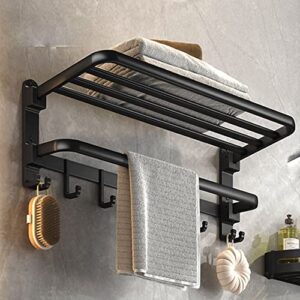 yariwiz matte black towel rack wall mounted no drill and screw mounting, bathroom bath shower 22.5 inch double towel rod with shelf hotel