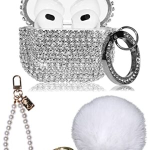 4in1 Bling AirPod 3 Case Diamonds Cover Set Kit, Luxurious Rhinestone PC for AirPods 3rd Generation Case Accessories for Women Girl w/Cute Fur Ball Pompom Keychain/Crystal Bracelet/Lobster Clasp