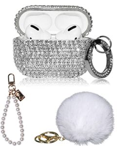 4in1 bling airpod pro case diamonds cover set kit, luxurious rhinestone pc for airpods pro case accessories for women girl w/cute fur ball pompom keychain/crystal bracelet/lobster clasp keychain