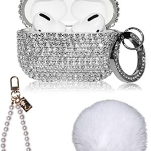 4in1 Bling AirPod Pro Case Diamonds Cover Set Kit, Luxurious Rhinestone PC for AirPods Pro Case Accessories for Women Girl w/Cute Fur Ball Pompom Keychain/Crystal Bracelet/Lobster Clasp Keychain