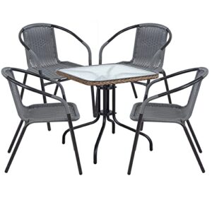 btexpert indoor outdoor 28" tempered glass metal trim + 4 gray restaurant stack, 4 rattan chairs with a square table, grey