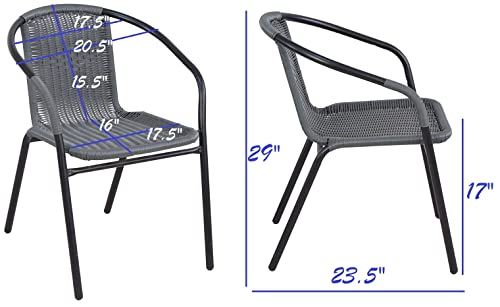 BTEXPERT Indoor Outdoor 28" Tempered Glass Metal Trim + 4 Gray Restaurant Stack, 4 Rattan Chairs with a Square Table, Grey