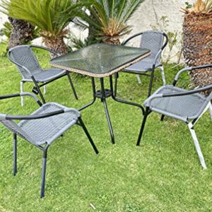 BTEXPERT Indoor Outdoor 28" Tempered Glass Metal Trim + 4 Gray Restaurant Stack, 4 Rattan Chairs with a Square Table, Grey
