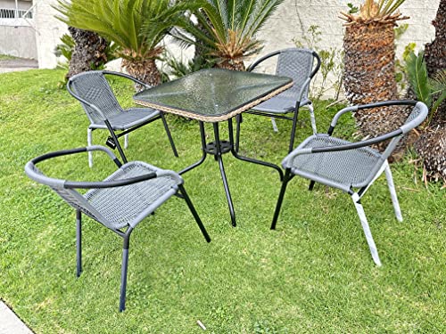 BTEXPERT Indoor Outdoor 28" Tempered Glass Metal Trim + 4 Gray Restaurant Stack, 4 Rattan Chairs with a Square Table, Grey