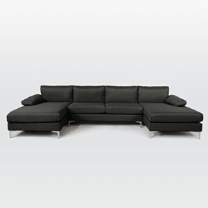 casa andrea milano modern large linen fabric u-shape sectional sofa, double extra wide chaise lounge couch, dark grey