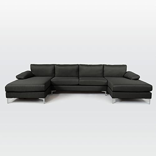 Casa Andrea Milano Modern Large Linen Fabric U-Shape Sectional Sofa, Double Extra Wide Chaise Lounge Couch, Dark Grey