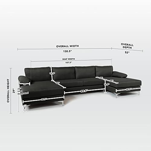 Casa Andrea Milano Modern Large Linen Fabric U-Shape Sectional Sofa, Double Extra Wide Chaise Lounge Couch, Dark Grey