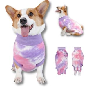 torjoy breathable dog recovery suit for male/female, tie dye purple dog onesie for abdominal wounds, cone e-collar alternative after surgery to anti-licking, professional surgery suit for dogs medium
