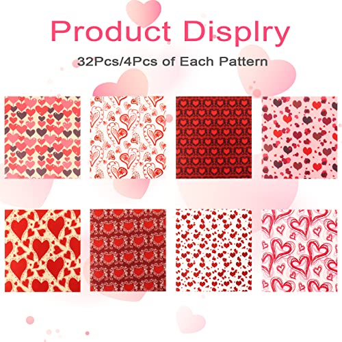 Fivebop 16/32 Pieces Valentine's Day Fabric, Romantic Heart Lip Love Print Fat Quarter Fabric 10" x 10" Square Quilting Patchwork Bundles for Wedding Anniversary DIY Crafts (16pcs-Style#01)