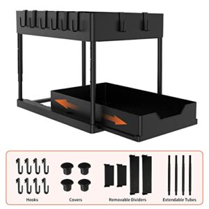 NautDuty Under Sink Organizer, Height Adjustable Under Sink Organizers And Storage, Sliding Under Bathroom Cabinet Storage Drawer Organizer with 8 Hooks, Dividers for Kitchen Bathroom Cabinet