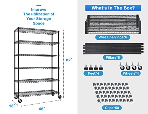 Shelves for Storage 2100LBS Capacity Wire Shelving Unit with 6 Tier Adjustable Shelf, 48" ×18" ×82" Heavy Duty Commercial Kitchen Metal Shelving for Restuarant, Pantry, Garage, Basement, Home Storage