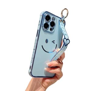 hosgor iphone 13 pro max case for women, bling glitter plating cover with strap & camera lens protection soft tpu shockproof bumper phone case for iphone 13 pro max 5g 6.7inch (blue)