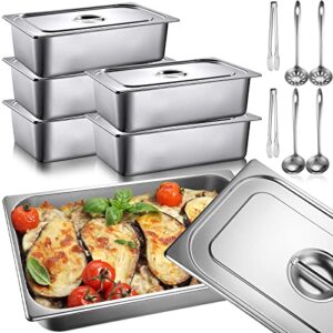 6 pack hotel pan with lids set 20.8"l x 12.8"w 22 gauge full size anti steam table pan 0.8 mm thick 304 stainless steel hotel pans for restaurant kitchen food warmer cooking heat (6 inch)