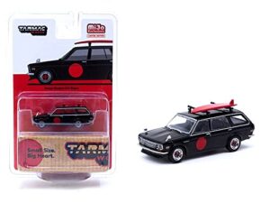 datsun bluebird 510 wagon black with red graphics with roof rack and surfboard global64 series 1/64 diecast model car by tarmac works t64g-026-bk