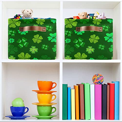 Happy St. Patrick's Day Accessories Storage Basket Fabric Laundry Baskets Green Clover Shamrock Lucky Storage Boxes Organizer Bag for Cloth Toy Book Storage Cubes Shelf Closet Bins 16×12×8 Inches