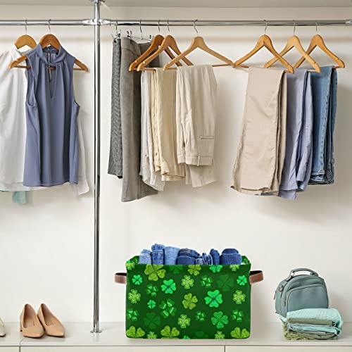 Happy St. Patrick's Day Accessories Storage Basket Fabric Laundry Baskets Green Clover Shamrock Lucky Storage Boxes Organizer Bag for Cloth Toy Book Storage Cubes Shelf Closet Bins 16×12×8 Inches