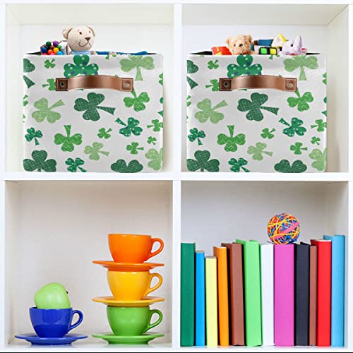 Green Clover Shamrock Lucky Storage Basket Fabric Laundry Baskets Happy St. Patrick's Day Accessories Storage Boxes Organizer Bag for Cloth Toy Book Storage Cubes Shelf Closet Bins 16×12×8 Inches