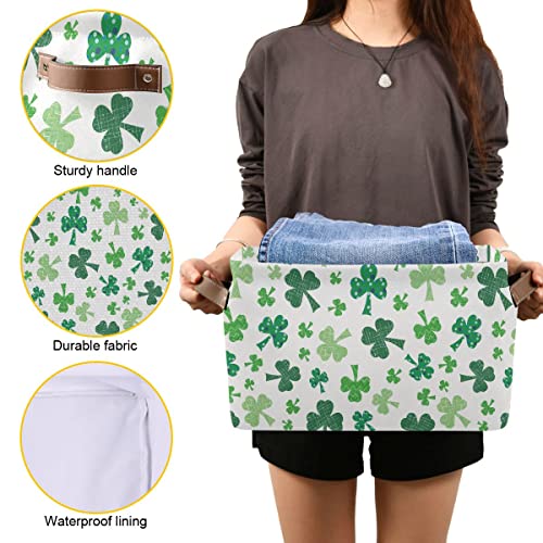 Green Clover Shamrock Lucky Storage Basket Fabric Laundry Baskets Happy St. Patrick's Day Accessories Storage Boxes Organizer Bag for Cloth Toy Book Storage Cubes Shelf Closet Bins 16×12×8 Inches