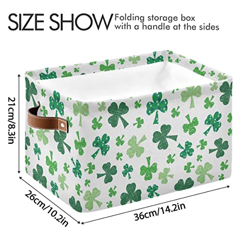 Green Clover Shamrock Lucky Storage Basket Fabric Laundry Baskets Happy St. Patrick's Day Accessories Storage Boxes Organizer Bag for Cloth Toy Book Storage Cubes Shelf Closet Bins 16×12×8 Inches