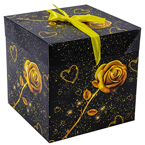 Elephant-package 8" Medium Valentine's Day Golden Rose Love Heart Gift Box with Lid, Ribbon and Paper Filler, Collapsible Gift Box, for Anniversary, Bridesmaid, Girlfriend Gift Wrapping, Presents.