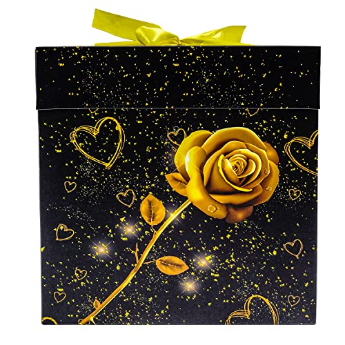 Elephant-package 8" Medium Valentine's Day Golden Rose Love Heart Gift Box with Lid, Ribbon and Paper Filler, Collapsible Gift Box, for Anniversary, Bridesmaid, Girlfriend Gift Wrapping, Presents.