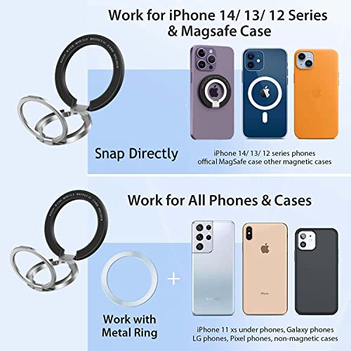 Fonessary Magnetic Phone Ring Holder Grip Kickstand for iPhone 14 13 12 Mag and Wireless Charging,Double Ring Versatile Kickstand Holder for Cell Phone