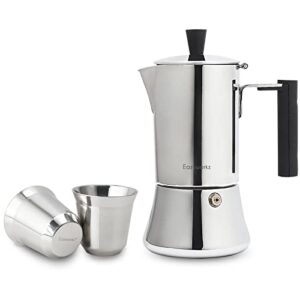 easyworkz pedro stovetop espresso maker, bundled with stainless steel espresso cup 2pcs set double wall insulated metal demitasse cups, silver