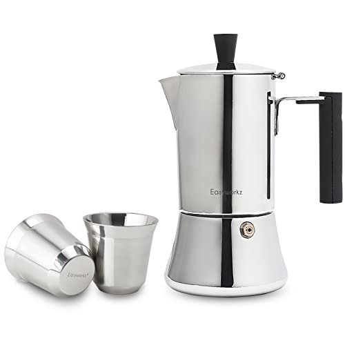 Easyworkz Pedro Stovetop Espresso Maker, Bundled With Stainless Steel Espresso Cup 2pcs Set Double Wall Insulated Metal Demitasse Cups, Silver