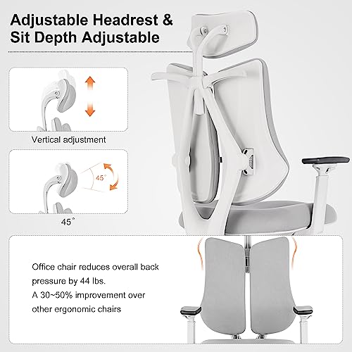 BV Dual Backrests Ergonomic Office Chair, Lumbar Support Office Desk Chair Back Support, Breathable mesh Office Chair 3D Adjustable Armrest (Grey)